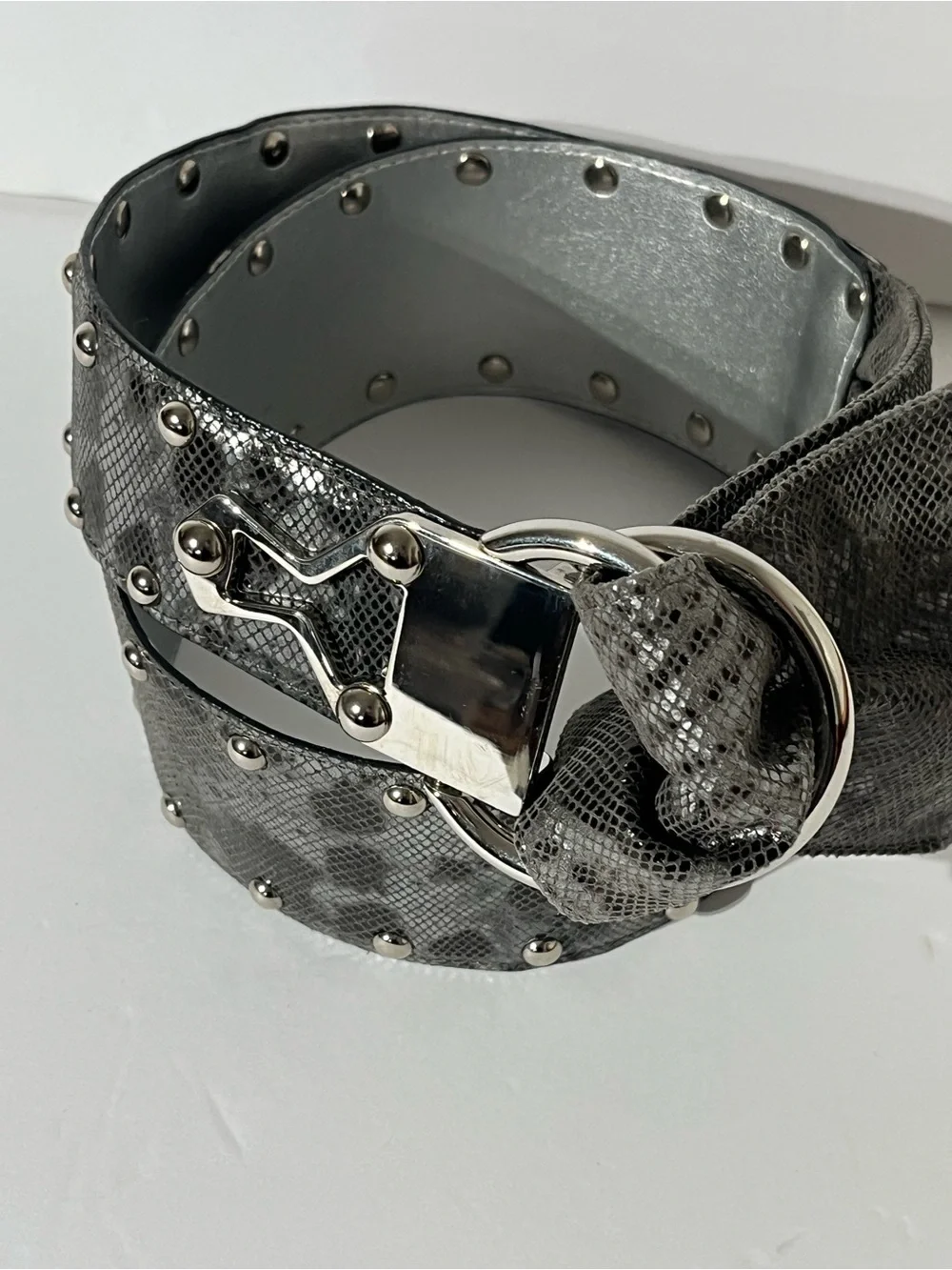 PER SE Vintage Wide Leather Cinch Belt Silver Snakeskin Studded USA Made